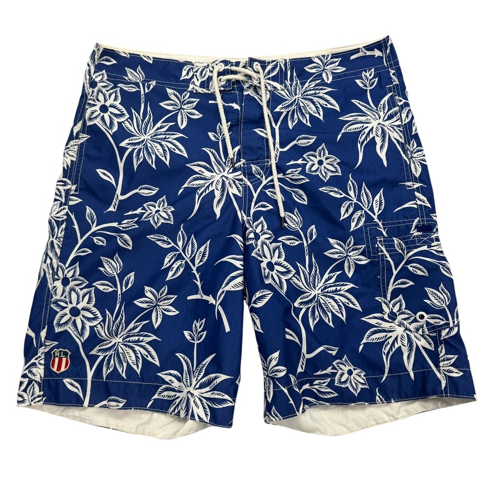 Polo Ralph Lauren Trunks Shorts Mens L Navy White Floral Lined Swim Drawstring
